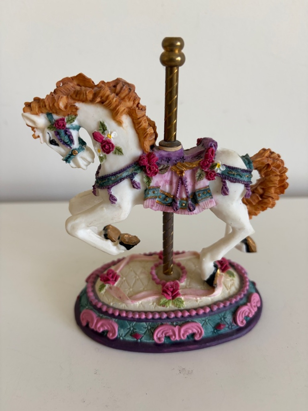 White Carousel Horse Figurine with Pink & Teal Accents